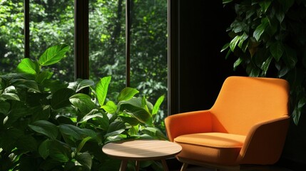 Aufkleber - Retro Biophilic Living Mid-Century Modern Orange Lounge Chair in Lush Green Interior - Wellness-Inspired Home Design and Sustainable Comfort Lifestyle