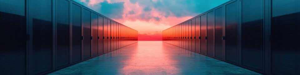 Fototapete - Hyperscale Digital Infrastructure Symmetrical Quantum Data Center Visualization with Sunset Aesthetic - Next-Gen Technological Connectivity and Cloud Computing Paradigm