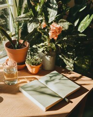 Aufkleber - Mindful Journaling in Soft Natural Light Biophilic Wellness Sanctuary with Botanical Elements, Promoting Holistic Mental Clarity and Creative Reflection