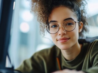 Aufkleber - Inclusive Tech and Wellness Empowered Gen Z Professional in Minimalist Workspace, Embracing Digital Creativity with Authentic Style and Conscious Confidence