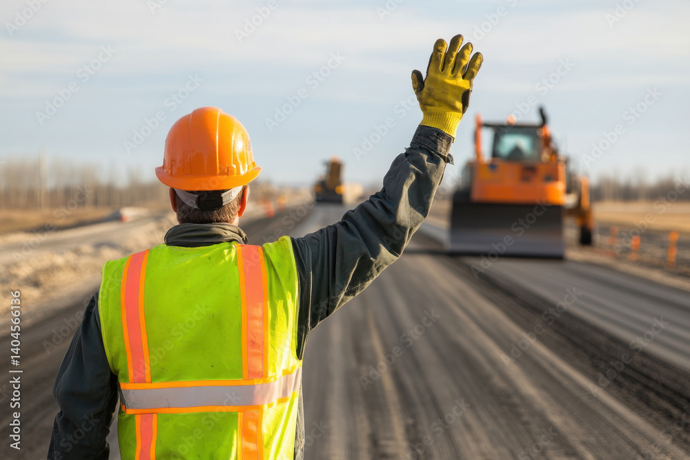 construction worker wearing hard hat and safety vest waves while ...