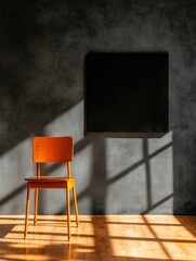 Leinwandbilder - Minimalist Learning Sanctuary Sunlit Industrial Design Chair in Contemporary Educational Space - Inspiring Creative Workspace Aesthetics for Modern Pedagogical Environments