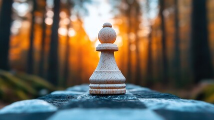 Aufkleber - Immersive Strategic Visualization Ethereal Chess Piece in Mystical Autumn Forest - Cinematic Decision-Making Metaphor for Business Innovation and Creative Thinking