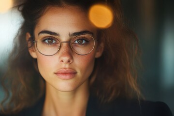 Poster - Empowered Professional Vision Minimalist Female Leadership Portrait with Vintage Glasses, Capturing Modern Workplace Authenticity and Intellectual Confidence