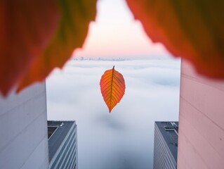 Aufkleber - biophilic urban harmony autumn leaf suspended between minimalist architectural perspectives - emergi