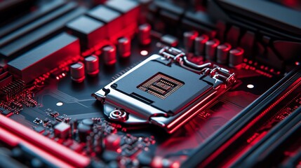 Poster - Close-up of a detailed computer motherboard with intricate components, red lighting