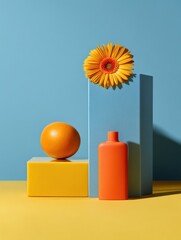 Poster - Minimalist Color Block Design Vibrant Geometric Still Life with Yellow Gerbera, Modern Aesthetic Capturing Contemporary Visual Branding and Creative Composition Trends