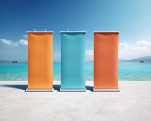 Fototapete - Coastal Corporate Minimalism Vibrant Rollup Banners Showcase Sustainable Branding in Serene Beach-Inspired Marketing Mockup for Modern Business Communication