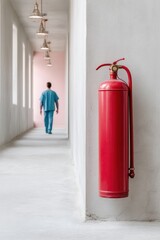 Poster - Bold Safety Minimalism Vibrant Red Fire Extinguisher in Clean Healthcare Design - Emergency Preparedness and Modern Facility Infrastructure Visualization