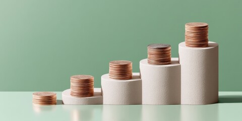 Poster - Minimalist Financial Growth Visualization Ascending Copper Coin Stacks on Matte Ceramic Pedestals - Modern Investment Performance Insights for Strategic Wealth Management