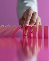 Leinwandbilder - Minimalist Risk Management Vibrant Domino Effect Metaphor for Strategic Business Resilience, Digital Innovation, and Economic Crisis Prevention