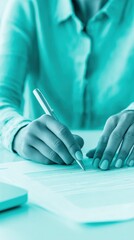 Poster - Minimalist Professional Signing Experience Monochromatic Teal Corporate Workflow with Precise Document Execution - Modern Business Efficiency and Sleek Transactional Design