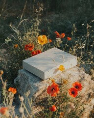 Poster - Eco-Conscious Packaging Design Minimalist Biodegradable Box Nestled in Wildflower Meadow - Sustainable Branding and Nature-Inspired Marketing Narrative