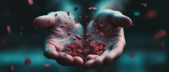 Poster - Immersive Digital Transformation Cinematic Hands Revealing Fragmented Data Particles - Metaphorical Tech Innovation and Emerging Visual Storytelling for Business Intelligence