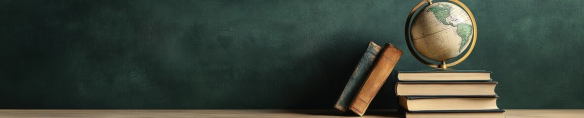 Poster - Minimalist Educational Storytelling Vintage Globe and Leather-Bound Books Against Deep Green Backdrop - Scholarly Exploration and Intellectual Creativity Inspiration