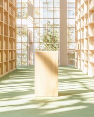 Poster - Minimalist Architectural Showcase Sunlit Wooden Pedestal in Modern Library Space - Inspiring Design Innovation and Spatial Storytelling for Creative Professionals