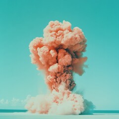 Aufkleber - Ethereal Cloud Explosion Pastel Peach Smoke Sculpture Against Minimalist Teal Backdrop - Creative Visual Metaphor for Emotional Release and Transformative Moments