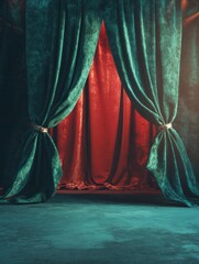Poster - Dramatic Theatrical Stage Backdrop Luxe Emerald and Crimson Velvet Curtains - Cinematic Design Element for Performance Art and Creative Storytelling