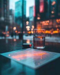 Fototapete - Urban Digital Nomad Sleek Nighttime Workspace with Glass of Water and Smart Device - Productivity Meets Atmospheric City Connectivity