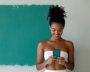 Leinwandbilder - Digital Wellness Revolution Minimalist Gen Z Lifestyle Portrait with Empowering Mobile Interaction - Sustainable Tech and Mindful Connected Living