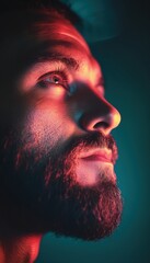 Aufkleber - Cinematic Emotional Portrait Dynamic Color-Shifted Profile Revealing Intense Male Persona in Moody Low-Key Digital Aesthetic