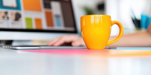 Poster - Money Smart Week Productivity Vibrant Yellow Coffee Mug Sparks Digital Marketing Innovation in Minimalist Workspace - Spring Financial Empowerment and Strategic Career Momentum