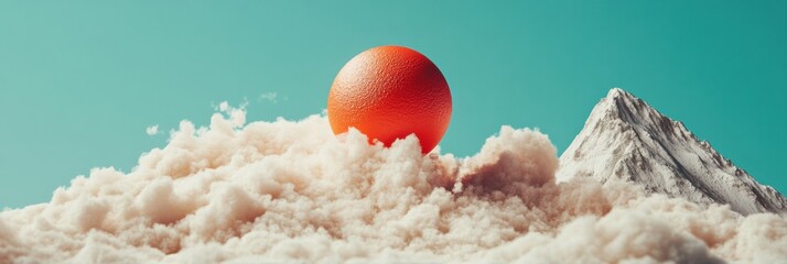 Poster - Surreal Minimalist Landscape Vibrant Orange Sphere Emerging from Textured Cloud Formations with Dramatic Mountain Peak - Creative Conceptual Stock Imagery for Digital Branding