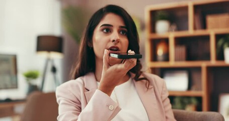 Poster - Business, phone call and woman in office, loudspeaker and communication with sales expert. Person, employee and consultant in workplace, cellphone and connection with recording, voice memo or talking