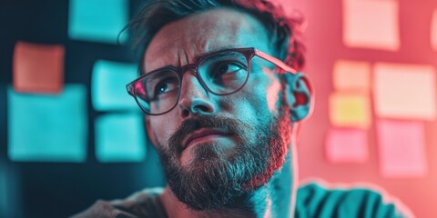 Leinwandbilder - Innovative Design Thinking Millennial Creative Professional Visualizing Strategic Concepts in Neon-Toned Collaborative Workspace - Next-Gen Problem Solving Aesthetic