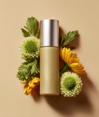 Poster - Botanical Radiance Minimalist Gold Cosmetic Bottle with Soft Chrysanthemum and Eco-Friendly Natural Beauty Design for Wellness-Focused Skincare Enthusiasts
