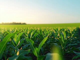 Poster - Regenerative Agriculture Insights Vibrant Green Corn Field at Golden Hour - Sustainable Farming Innovation and Food Security Visualization