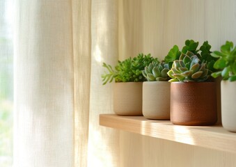 Poster - Minimalist Biophilic Living Serene Succulent Display for Modern Wellness Interiors - Eco-Friendly Home Styling with Natural Ceramic Planters