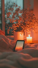 Aufkleber - Mindful Tech Wellness Intimate Digital Self-Care Moment with Soft Amber Lighting, Smartphone Meditation Guide and Cozy Bedroom Ambiance for Holistic Stress Relief