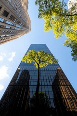 Leinwandbilder - Urban Eco-Design Meets Architectural Innovation Reflective Glass Skyscraper Framed by Vibrant Green Canopy - Sustainable City Landscape Harmony