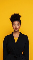 Poster - Bold Minimalist Portrait Empowered Professional Woman in Elegant Black Wrap Coat Against Vibrant Yellow - Contemporary Workplace Diversity and Inclusive Personal Branding
