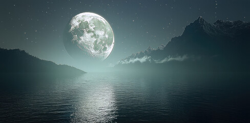Poster - serene night scene featuring large, luminous moon reflecting on calm lake, surrounded by misty mountains and starry sky, evokes sense of tranquility and wonder