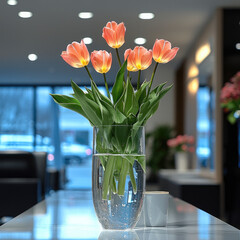 Poster - beautiful arrangement of pink tulips clear glass vase filled with water, placed sleek table modern interior setting. soft lighting enhances vibrant colors of flowers, creating warm and inviting