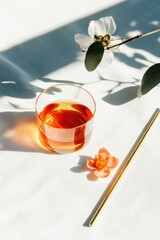 Aufkleber - Minimalist Wellness Ritual Artisan Herbal Tea in Golden Light with Botanical Accents - Contemporary Mindfulness and Elegant Self-Care Styling