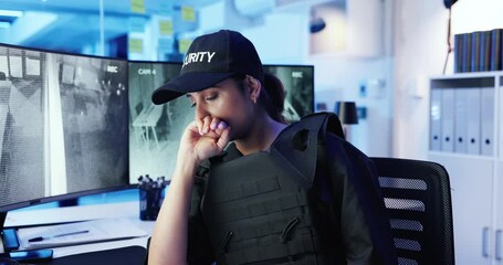 Poster - Tired, security guard or woman with cctv screen in night or late shift for safety or video surveillance. Yawning, digital monitor or exhausted female person on tablet in control room for protection