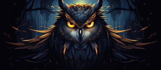 illustration owl bird on dark moon on branch tree forest dark background. generate ai image