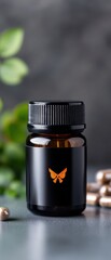 Fototapete - Neurotechnology Meets Wellness Sleek Nootropic Supplement Bottle in Matte Black with Vibrant Butterfly Emblem - Cognitive Enhancement for Peak Performance