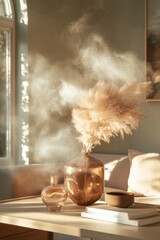 Poster - Soft Minimalist Sunlight Ethereal Pampas Grass Styling in Warm Neutral Interior - Aesthetic Home Decor Capturing Serene Golden Hour Ambiance