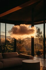 Poster - Surreal Minimalist Living Ethereal Cloud Installation Transforming Contemporary Interior Design with Golden Hour Atmospheric Dreamscape for Immersive Lifestyle Branding