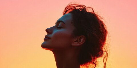 Poster - Golden Hour Serenity Mindful Millennial Wellness Portrait Capturing Authentic Self-Care Moment with Soft Sunset Aesthetic for Digital Mental Health Campaigns