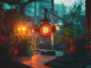 Fototapete - Atmospheric Urban Home Office Moody Industrial Lighting Design with Warm Botanical Ambiance - Creative Workspace Aesthetic for Modern Digital Professionals