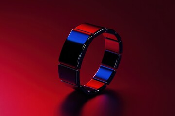 Poster - Futuristic Wearable Tech Sleek Modular Smart Bracelet in Cyberpunk Red and Blue Gradient - Next-Gen Personal Analytics and Digital Performance Enhancement