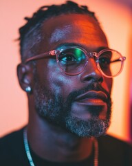 Poster - Vibrant Gen Z Professional Portrait Neon-Lit Inspirational Masculinity with Cinematic Color Grading and Modern Eyewear Aesthetic