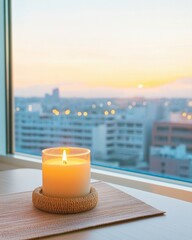 Poster - Mindful Urban Wellness Soft-Glow Sunset Meditation Candle in Minimalist Home Office - Tranquil Workspace Inspiration for Remote Professionals