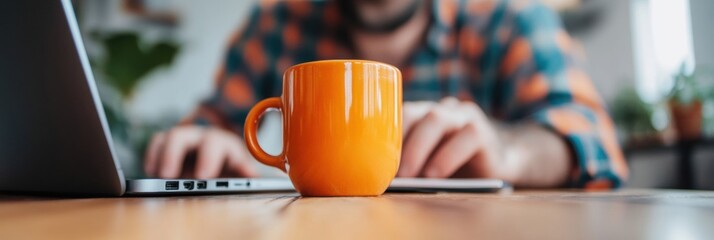 Aufkleber - Hybrid Workspace Harmony Millennial Remote Workers Vibrant Productivity Aesthetic in Urban Cafe Setting with Tactile Plaid Comfort and Digital Flow