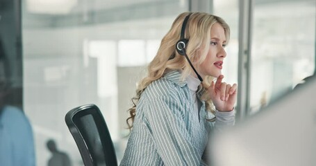 Aufkleber - Call centre, talking and woman with headset, smile and confident for customer care, online and computer. Telemarketing, agent and person with tech for consultation, happy and communication in office